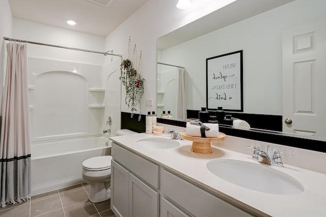 458 Bower Ln, Oswego, IL 60543 - full bathroom featuring shower / bathtub combination with curtain, double vanity, and tile patterned floors