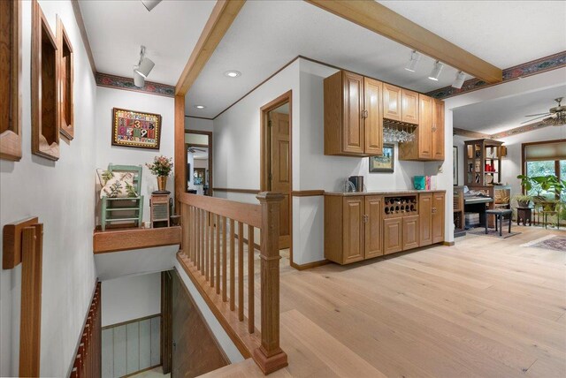 25316 E 1100 N Rd, Downs, IL 61736 - kitchen with light wood-type flooring, beamed ceiling, a ceiling fan, recessed lighting, and light countertops