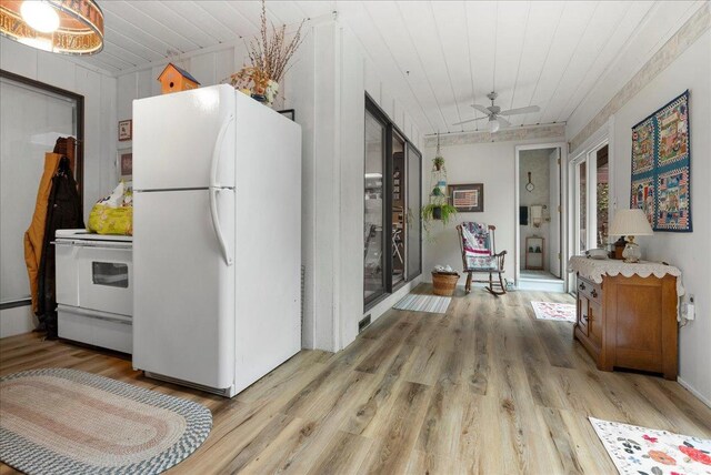 25316 E 1100 N Rd, Downs, IL 61736 - kitchen featuring white appliances, light wood-type flooring, wood ceiling, and a ceiling fan