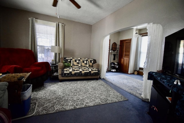 915 W Olive St, Bloomington, IL 61701 - living area with arched walkways, ceiling fan, plenty of natural light, carpet flooring, and a textured ceiling