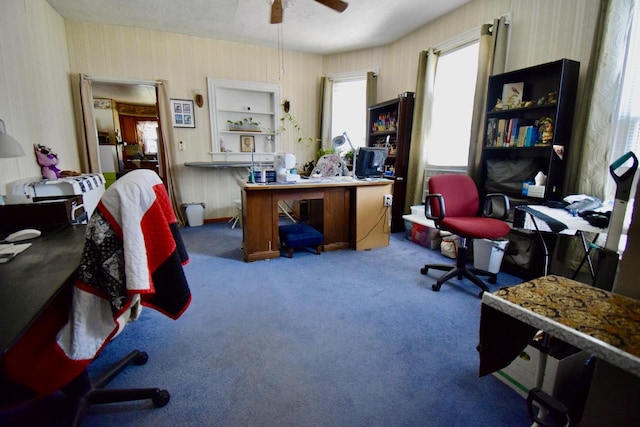 915 W Olive St, Bloomington, IL 61701 - office area featuring a ceiling fan, carpet floors, and wallpapered walls