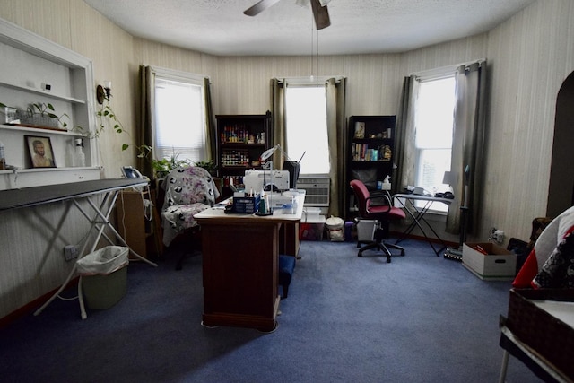 915 W Olive St, Bloomington, IL 61701 - carpeted office space featuring a ceiling fan, healthy amount of natural light, wallpapered walls, and a textured ceiling