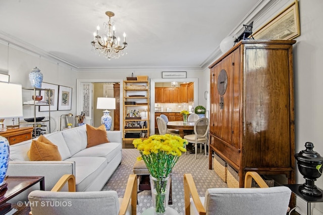 3800 N Lake Shore Dr Unit 1B, Chicago, IL 60613 - carpeted living room with a chandelier and crown molding