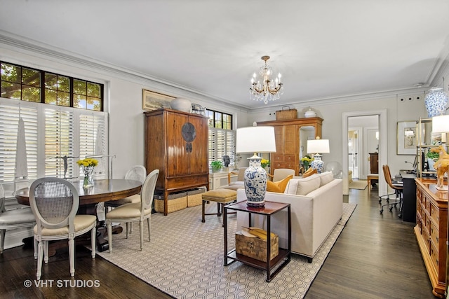 3800 N Lake Shore Dr Unit 1B, Chicago, IL 60613 - living area with plenty of natural light, a chandelier, wood finished floors, and crown molding