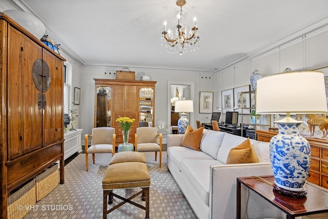 3800 N Lake Shore Dr Unit 1B, Chicago, IL 60613 - carpeted living room with a chandelier and crown molding