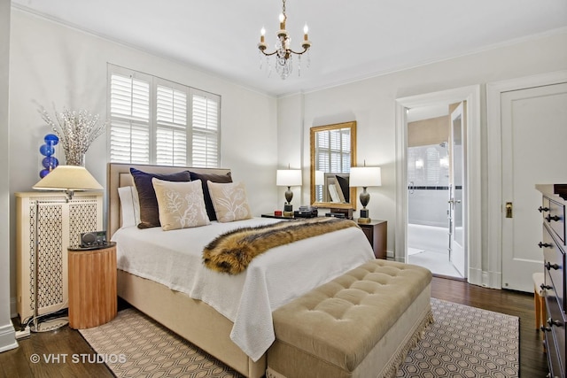 3800 N Lake Shore Dr Unit 1B, Chicago, IL 60613 - bedroom with a chandelier, wood finished floors, ornamental molding, and connected bathroom