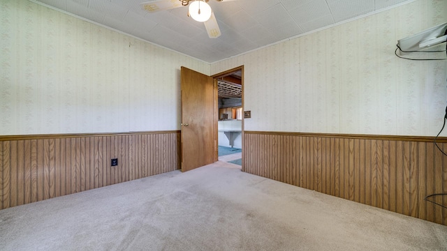 7198 S Rock Nation Rd, Dixon, IL 61021 - carpeted spare room with ceiling fan, ornamental molding, wainscoting, and wallpapered walls