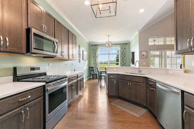 4100 Coyote Lakes Cir, Lake In The Hills, IL 60156 - kitchen featuring stainless steel appliances, dark brown cabinetry, light countertops, crown molding, and recessed lighting