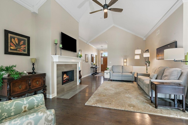 4100 Coyote Lakes Cir, Lake In The Hills, IL 60156 - living area featuring ceiling fan, a fireplace, wood finished floors, crown molding, and vaulted ceiling