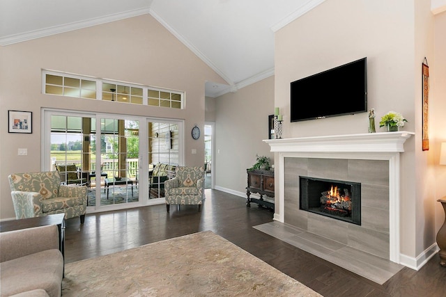 4100 Coyote Lakes Cir, Lake In The Hills, IL 60156 - living area with a fireplace, ornamental molding, wood finished floors, and high vaulted ceiling