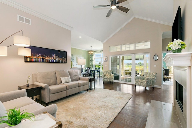 4100 Coyote Lakes Cir, Lake In The Hills, IL 60156 - living room with a ceiling fan, a fireplace, crown molding, wood finished floors, and high vaulted ceiling