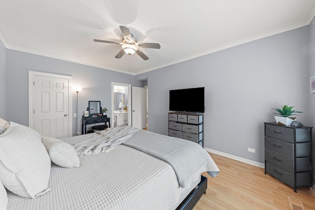 931 Mesa Dr, Elgin, IL 60123 - bedroom featuring light wood-style flooring, crown molding, a ceiling fan, and ensuite bath