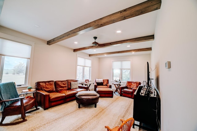 1533 E 1400 N Rd, Crescent City, IL 60928 - living area featuring beamed ceiling, ceiling fan, and recessed lighting