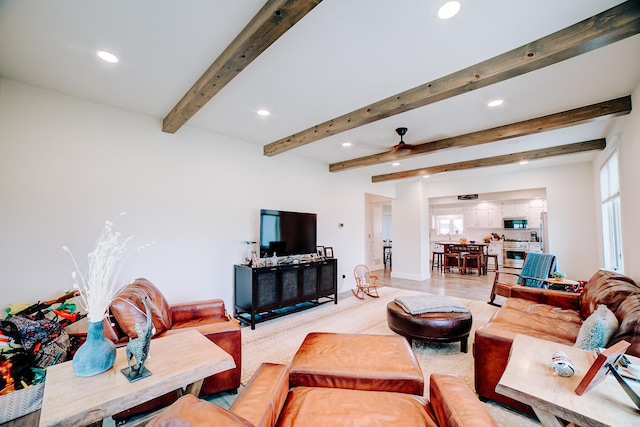 1533 E 1400 N Rd, Crescent City, IL 60928 - living room with recessed lighting, healthy amount of natural light, beamed ceiling, and ceiling fan