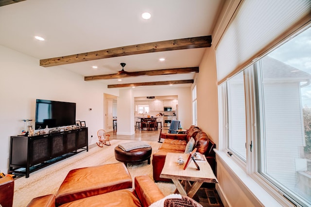1533 E 1400 N Rd, Crescent City, IL 60928 - living room with recessed lighting, a ceiling fan, plenty of natural light, beamed ceiling, and wood finished floors