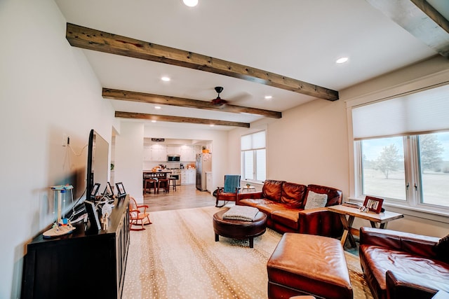 1533 E 1400 N Rd, Crescent City, IL 60928 - living area featuring a ceiling fan, recessed lighting, beam ceiling, and light wood-style flooring