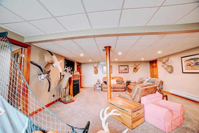 1533 E 1400 N Rd, Crescent City, IL 60928 - carpeted living area featuring a paneled ceiling, a fireplace, and recessed lighting