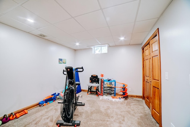 1533 E 1400 N Rd, Crescent City, IL 60928 - exercise room with carpet, a paneled ceiling, and recessed lighting