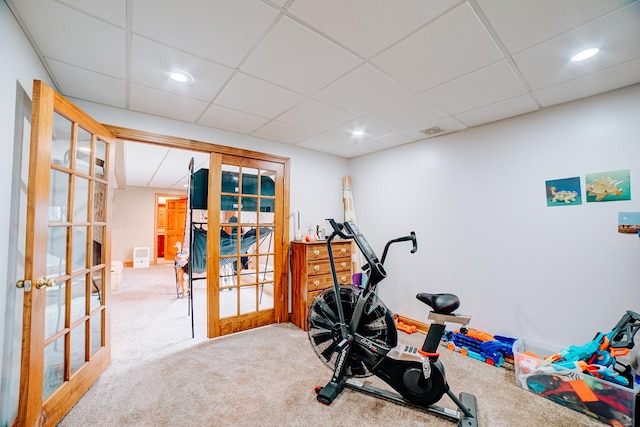 1533 E 1400 N Rd, Crescent City, IL 60928 - exercise area with carpet, french doors, recessed lighting, and a drop ceiling