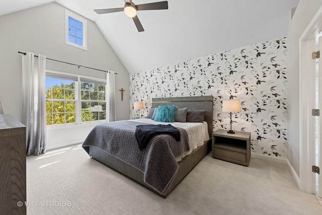 128 W Windsor Ave, Lombard, IL 60148 - carpeted bedroom with an accent wall, wallpapered walls, high vaulted ceiling, and a ceiling fan