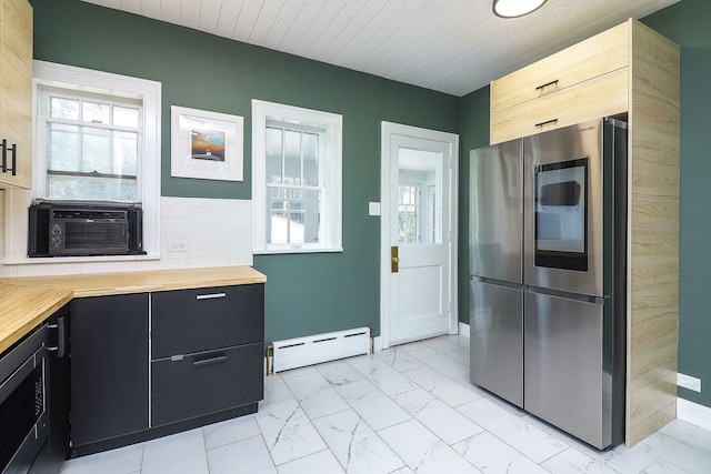 296 N Addison Ave, Elmhurst, IL 60126 - kitchen featuring smart refrigerator, wood counters, baseboard heating, and light marble finish floors