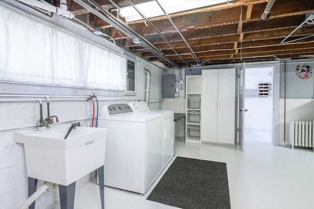 296 N Addison Ave, Elmhurst, IL 60126 - laundry room featuring radiator heating unit, electric panel, and independent washer and dryer