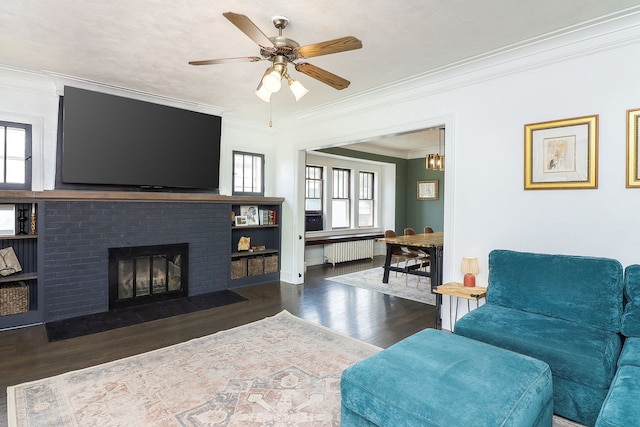 296 N Addison Ave, Elmhurst, IL 60126 - living room featuring radiator heating unit, plenty of natural light, wood finished floors, ornamental molding, and ceiling fan