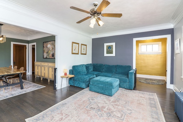 296 N Addison Ave, Elmhurst, IL 60126 - living area with wood finished floors, ceiling fan, radiator, a chandelier, and ornamental molding
