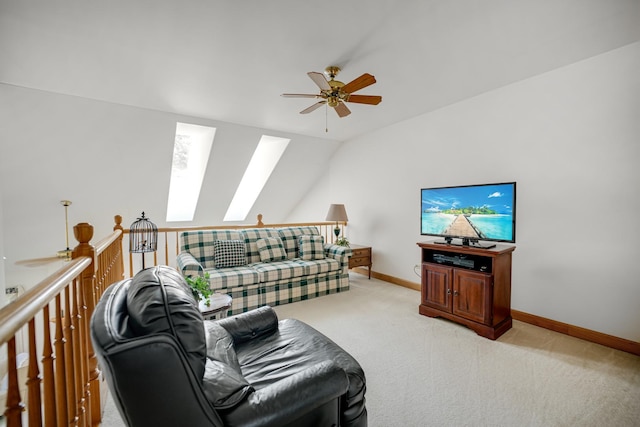 1 Moorings Dr, Palos Heights, IL 60463 - living room with a ceiling fan, a skylight, light colored carpet, and vaulted ceiling