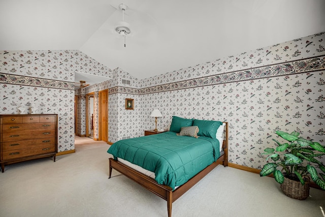 1 Moorings Dr, Palos Heights, IL 60463 - carpeted bedroom with wallpapered walls, lofted ceiling, and ceiling fan