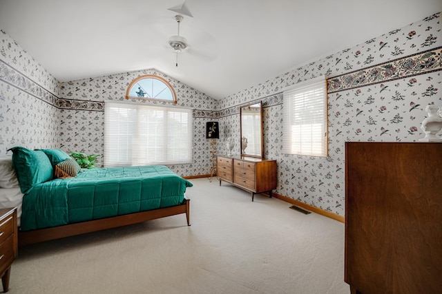 1 Moorings Dr, Palos Heights, IL 60463 - bedroom with wallpapered walls, lofted ceiling, light carpet, and ceiling fan