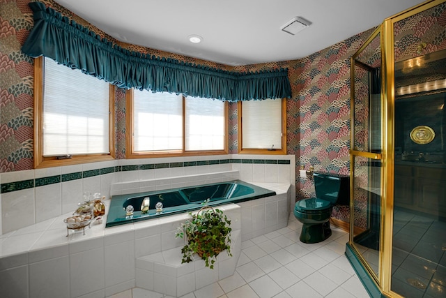 1 Moorings Dr, Palos Heights, IL 60463 - bathroom with tile patterned flooring, a bath, a shower stall, and wallpapered walls