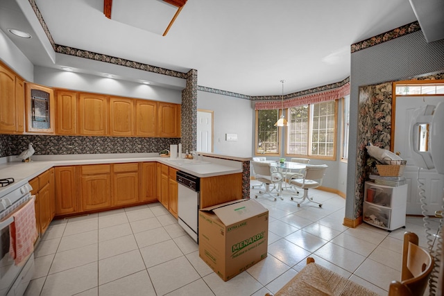 1 Moorings Dr, Palos Heights, IL 60463 - kitchen featuring white appliances, a peninsula, glass insert cabinets, light countertops, and light tile patterned floors