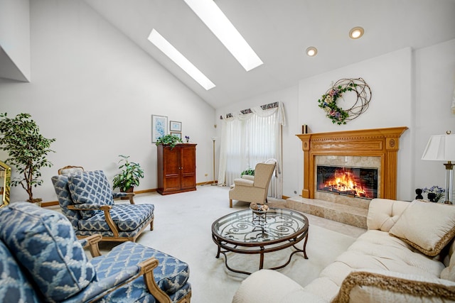 1 Moorings Dr, Palos Heights, IL 60463 - living area with high vaulted ceiling, a skylight, a high end fireplace, carpet, and recessed lighting