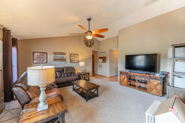 2030 Southfield Ln, Byron, IL 61010 - carpeted living area featuring a ceiling fan and lofted ceiling