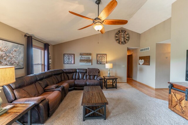 2030 Southfield Ln, Byron, IL 61010 - living area featuring ceiling fan, carpet floors, and high vaulted ceiling