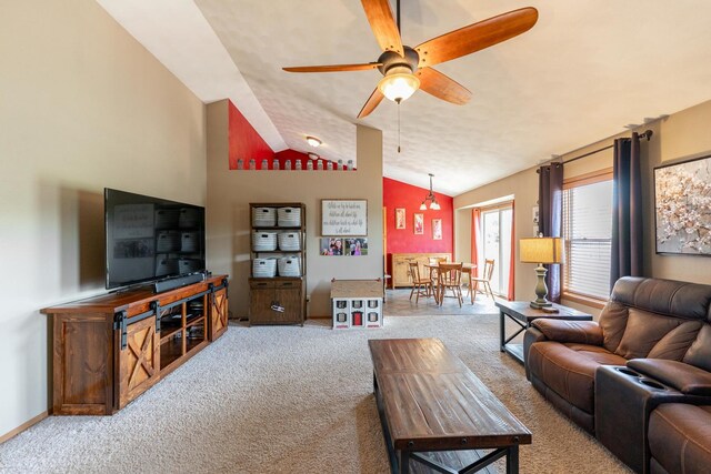 2030 Southfield Ln, Byron, IL 61010 - carpeted living room with a ceiling fan and vaulted ceiling