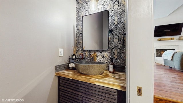 0N488 Baker Dr, Geneva, IL 60134 - bathroom with vanity, wood finished floors, and a fireplace