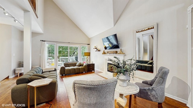 0N488 Baker Dr, Geneva, IL 60134 - living room featuring high vaulted ceiling, track lighting, wood finished floors, and a fireplace with flush hearth