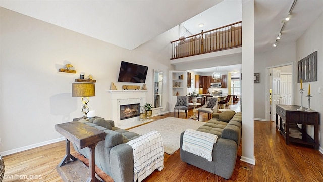 0N488 Baker Dr, Geneva, IL 60134 - living room featuring wood finished floors, a premium fireplace, track lighting, and a towering ceiling