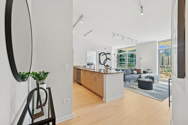 330 W Grand Ave Unit 1307, Chicago, IL 60654 - kitchen with track lighting, dishwasher, open floor plan, light wood-style flooring, and a peninsula