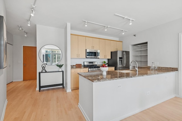 330 W Grand Ave Unit 1307, Chicago, IL 60654 - kitchen with appliances with stainless steel finishes, track lighting, a peninsula, light brown cabinetry, and light wood finished floors