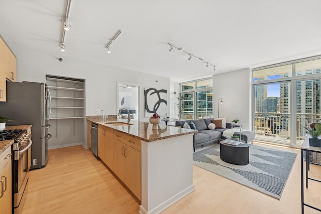 330 W Grand Ave Unit 1307, Chicago, IL 60654 - kitchen featuring appliances with stainless steel finishes, rail lighting, a peninsula, light wood-style flooring, and stone countertops