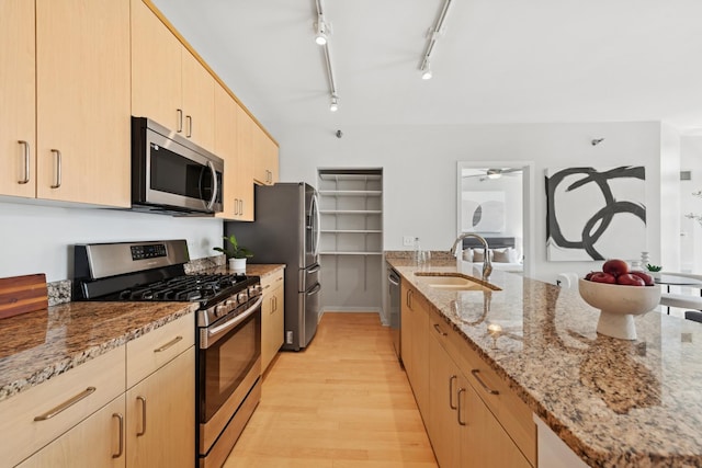 330 W Grand Ave Unit 1307, Chicago, IL 60654 - kitchen featuring stainless steel appliances, light brown cabinets, light stone counters, and light wood-style flooring