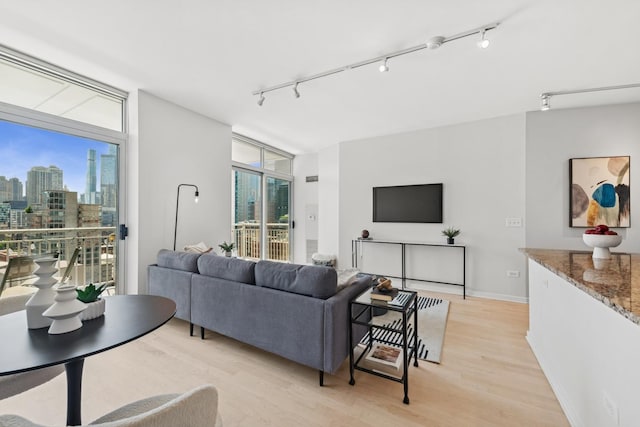 330 W Grand Ave Unit 1307, Chicago, IL 60654 - living area featuring track lighting, expansive windows, light wood-style flooring, and a view of skyline
