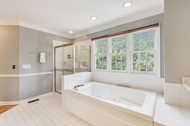 2114 Birchwood Ln, Buffalo Grove, IL 60089 - bathroom featuring plenty of natural light, a jetted tub, a stall shower, ornamental molding, and recessed lighting