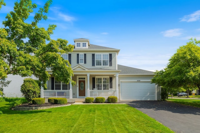 1616 Sutton Pl, Bolingbrook, IL 60490 - view of front facade with a garage, asphalt driveway, a porch, and a front yard