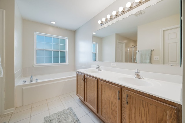 1616 Sutton Pl, Bolingbrook, IL 60490 - bathroom with double vanity, tile patterned flooring, a garden tub, and a shower with shower door