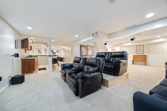 1616 Sutton Pl, Bolingbrook, IL 60490 - home theater featuring light carpet, recessed lighting, and bar area