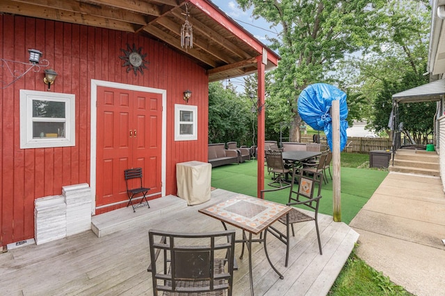 9049 Barberry Ln, Hickory Hills, IL 60457 - wooden deck featuring outdoor dining area and a yard